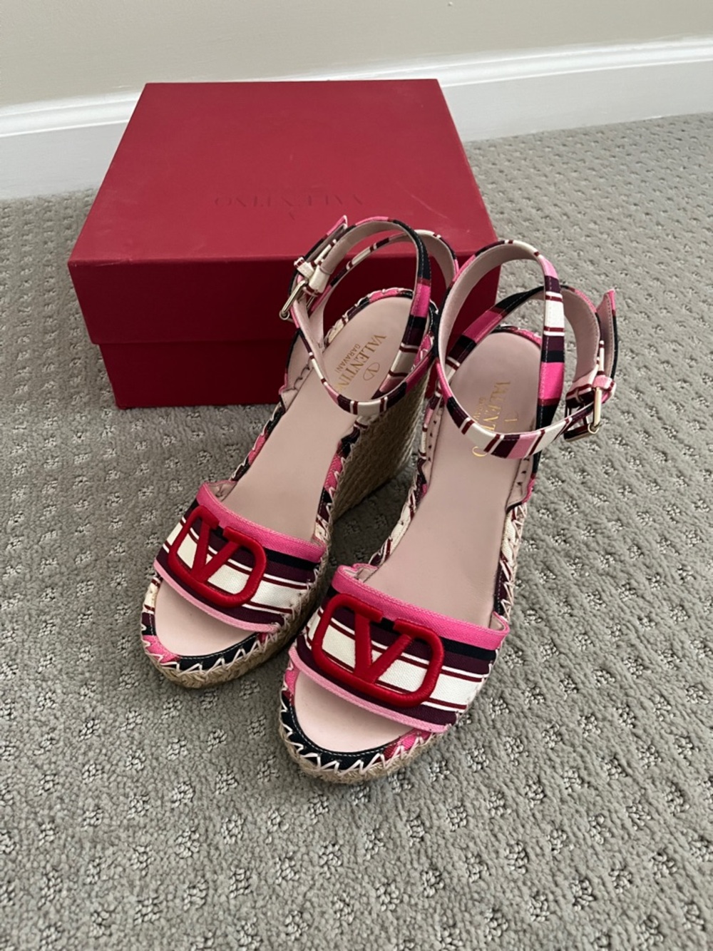 Valentino Pink, Red and White Striped Logo Espadrille Wedges